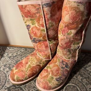 Size 8 UGG CLASSIC TALL PINK ROMANCE FLORAL BOOTS
